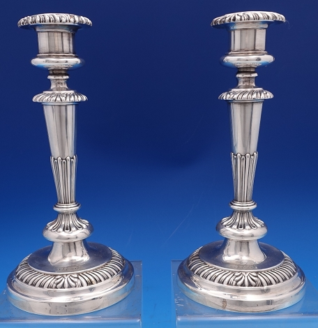 Candlesticks Pair Birmingham 1819 by Matthew Boulton, fancy gadroon border, weighted 9 1/8